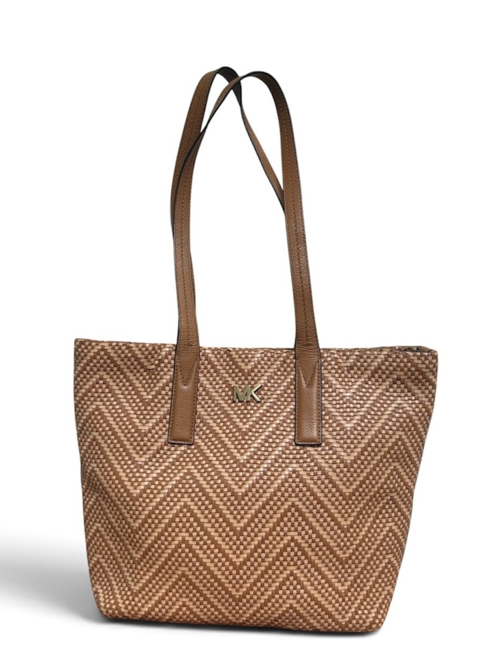 Michael Kors Junie Woven Leather Tote Bag, Acorn/Butternut chevron pattern